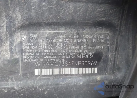 2007 BMW 328Xi from USA, damaged, VIN WBAVC73547KP30969